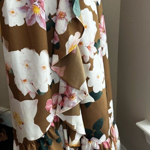 Calvin Klein Size 8 Sleeveless Brown Floral Print Belt w/Ruffle Hem Spring Dress - Picture 5 of 15